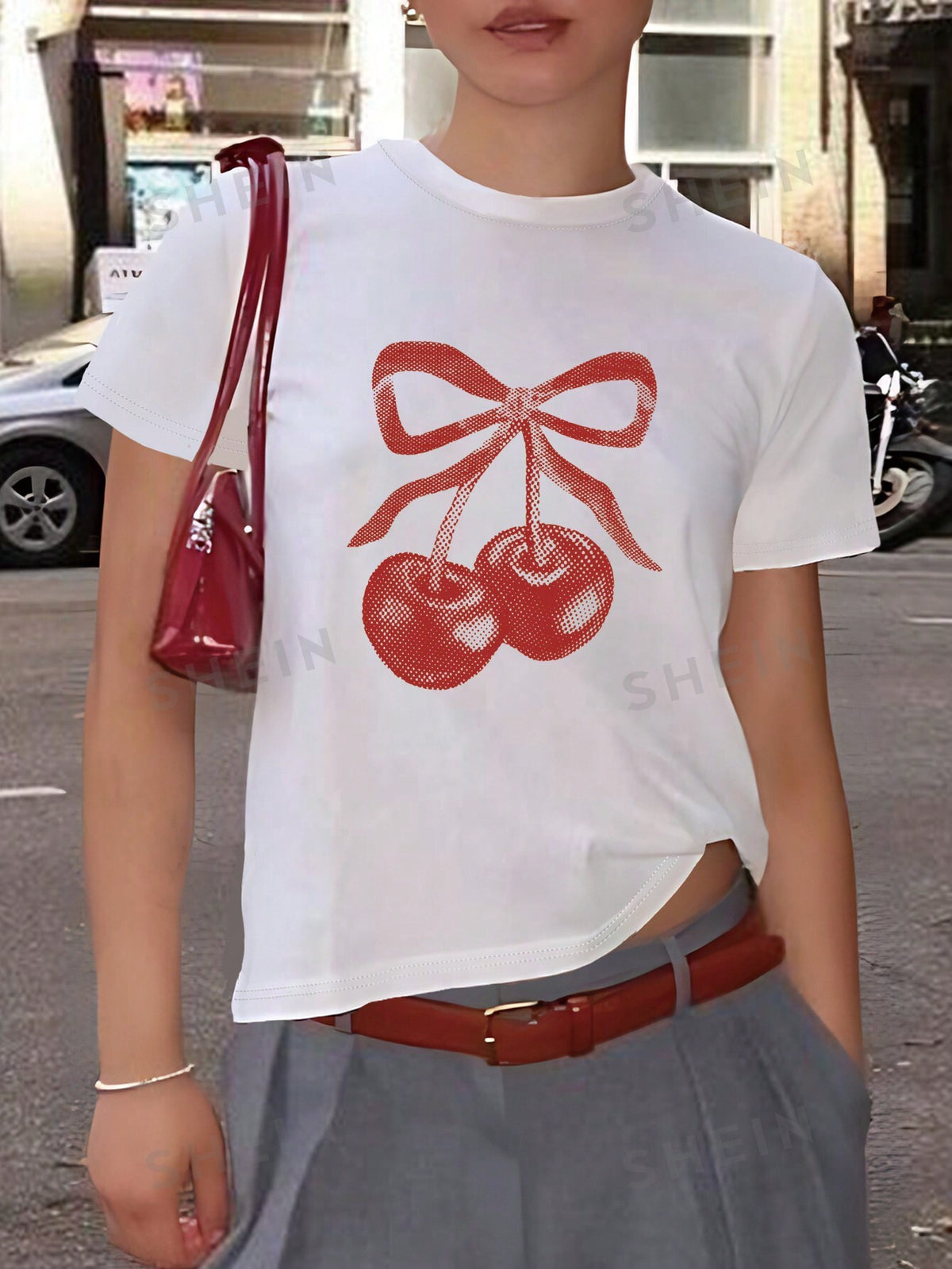 SHEIN EZwear Summer Casual Short Sleeve T-Shirt With Bow Knot & Cherry Print