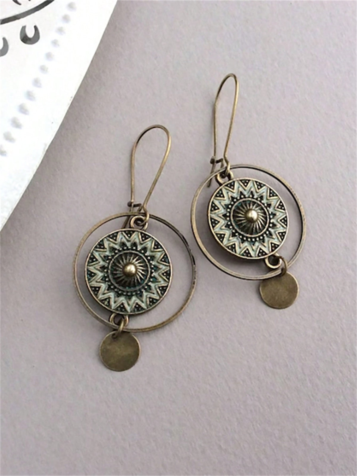 1pair Retro Geometric Textured Circle Pendant Earrings In Antique Copper, Personality Women's Party Gift