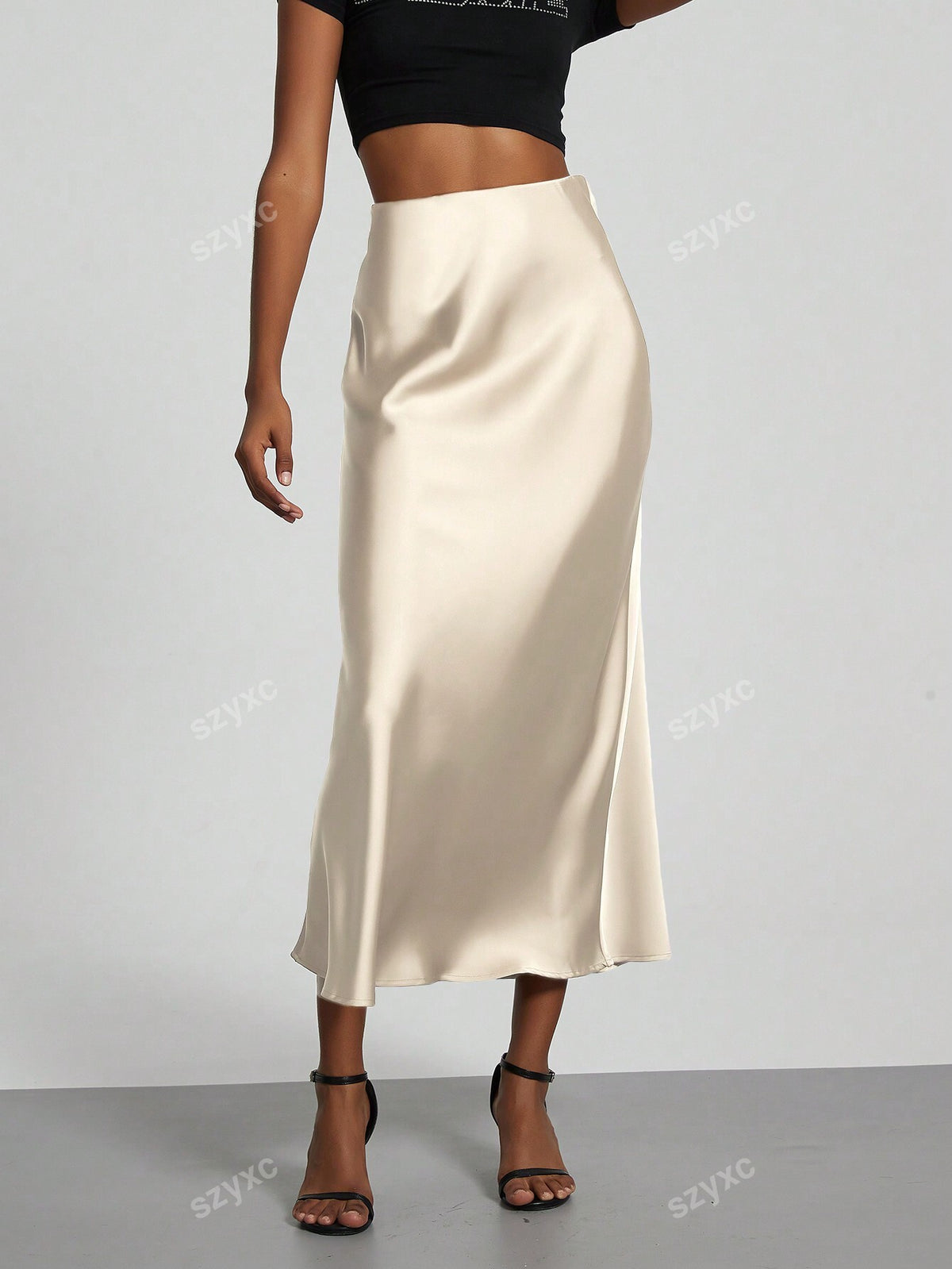 Women Elastic Silky Satin Midi Skirt