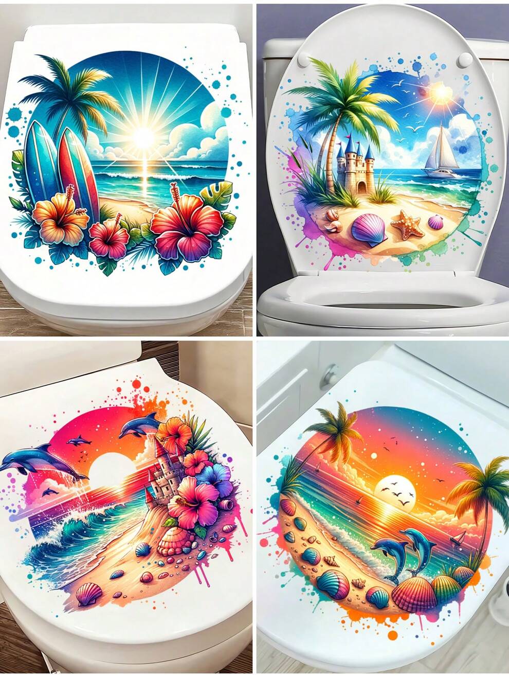 1pc Cartoon Seaside Sunset Beach Fruit Decoration Toilet Sticker, Removable PVC Material Wall Sticker, Suitable For Bathroom Toilet Wall Sticker, 11.8inchX11.8inch