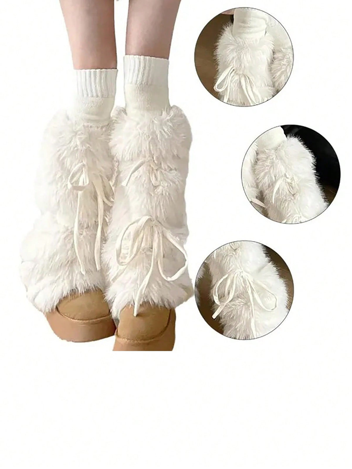 JK Girls Boot Cuffs Leg Warmers Women Winter Warm Harajuku Sweet Ribbon Bowknot Furry Plush White Boot Cover Long Socks