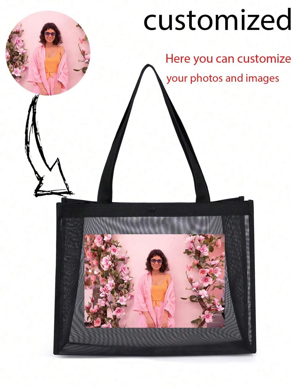 1pc Customized Women's Mesh Tote Bag, Beach Bag, Large Capacity, Foldable, Lightweight, Travel, DIY, Unique, Ventilated, Sturdy, Durable, Photo, Picture, Gift, Beautiful Moment