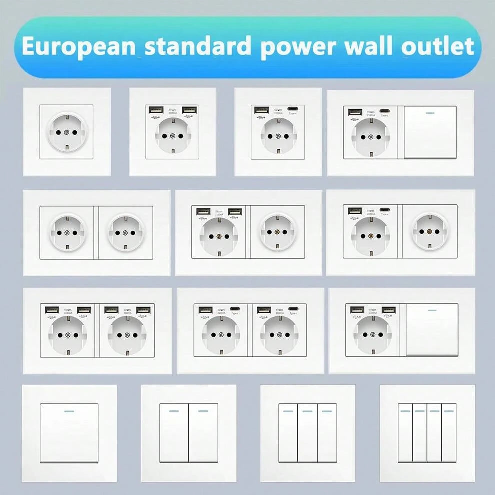 1pc European Standard Wall Switch Power Socket, With 86 Type 146 Type Dual USB Type-C Ports Fireproof PC Panel Power Outlet, Switch 5V 2.1A AC 110V-250V, Suitable For Various Household Appliances, One