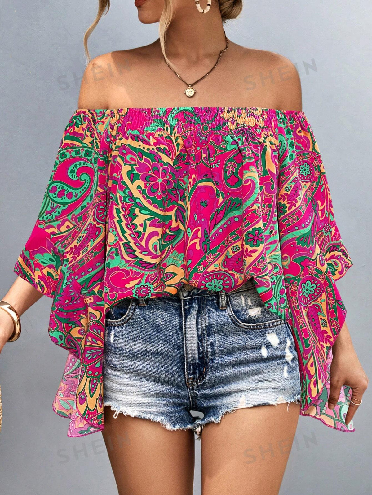 SHEIN LUNE Feather Print Off Shoulder Flounce Sleeve Blouse