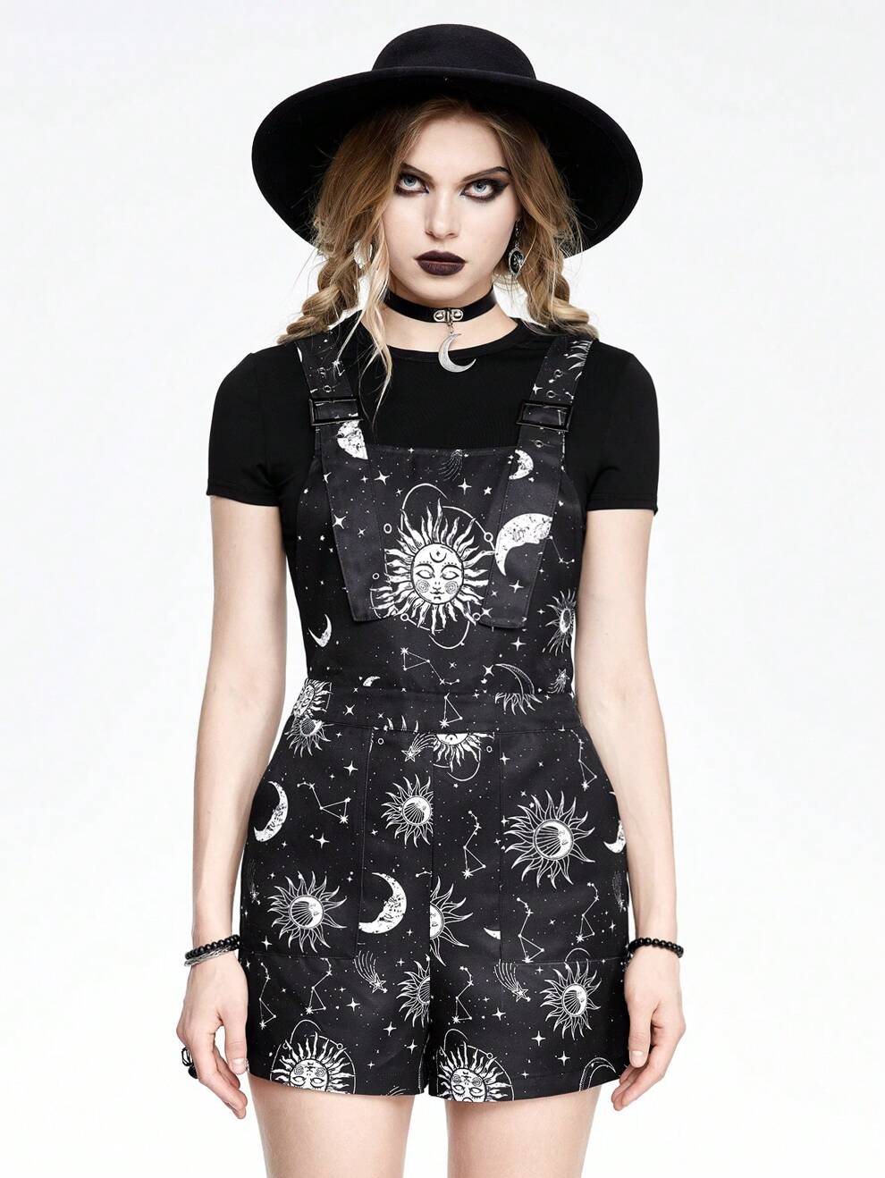 ROMWE Goth Gothic Style Star & Moon Printed Women's Loose A-Line Romper With Elastic Waist