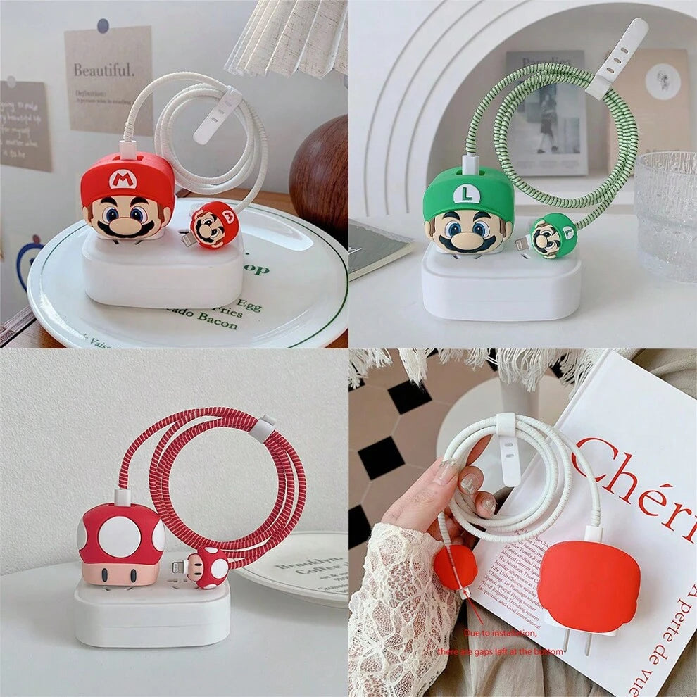 Anime Data Cable Protective Case Anime Luigi Mushroom Cute Charger PVC Protective Sleeve Suitable Compatible With Iphone IPad Christmas Gifts