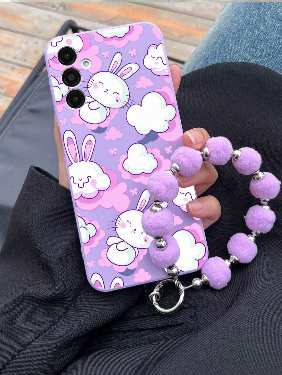 1pc Purple TPU Cloud Bunny Pattern Anti-Fall Phone Case + 1pc Purple Pom Pom Bracelet, Compatible With IPhone Case /Matching Case /Bracket Phone Case /Funny Phone Case /Android Phone Case /Samsung Pho