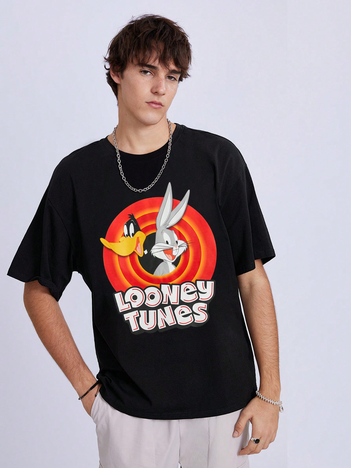 LOONEY TUNES X SHEIN Men's Casual Cartoon And Letter Printed Short Sleeve T-Shirt, Summer