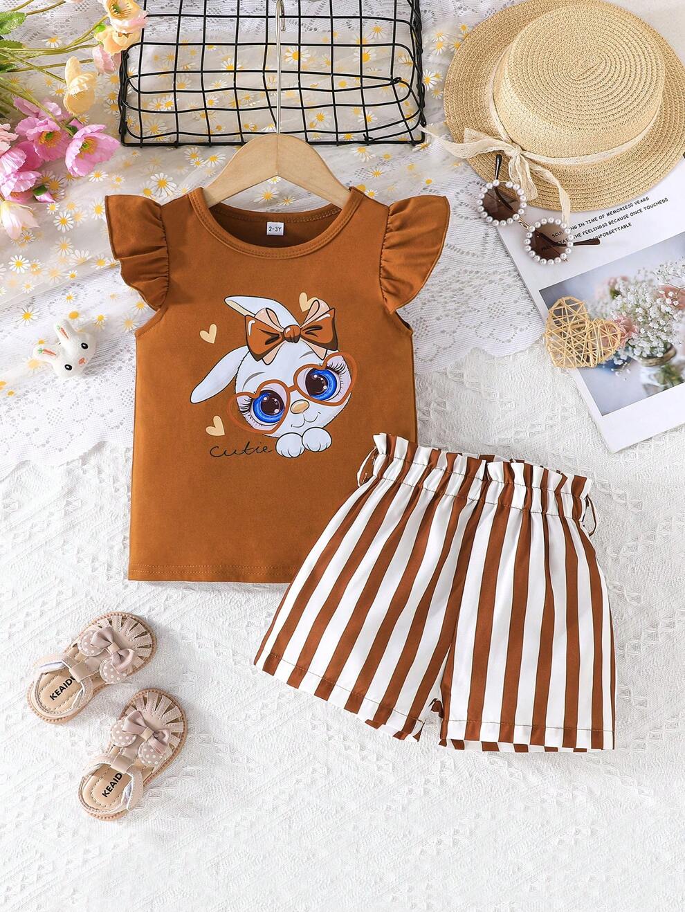 Girls' Summer Rabbit Printed Ruffle Sleeve T-Shirt And Striped Shorts Set