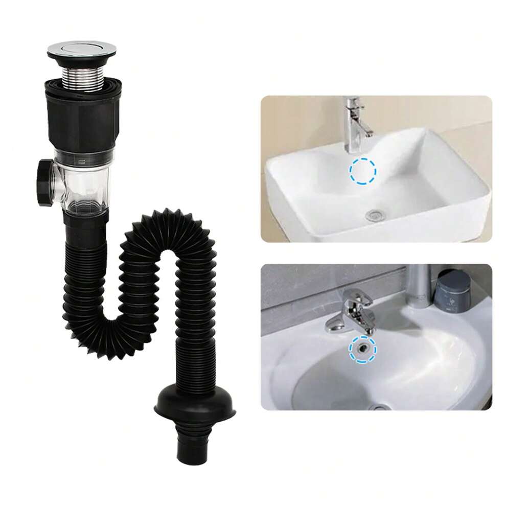 1pc Black 31.50inch Kitchen Sink Drain Pipe, Single Slot Drainage Pipe With Sink Plug, ABS Sink Drainage Pipe Basin Anti-Odor Sewer Pipe Stainless Steel Flip Drainage Pipe Wash Basin Universal