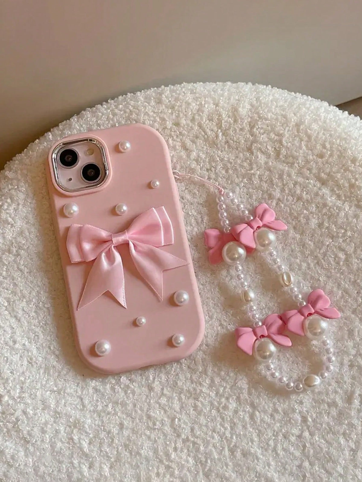 Pink 1pc Pearl Bowknot Design Phone Case With Pearl Strap Compatible With Apple IPhone 15/15ProMax/15Pro/14/13/12/XR Women's Fashion Soft Protective Cover