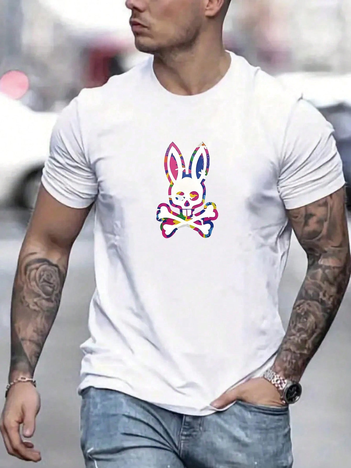 Men's Summer Casual Skull Rabbit Print Round Neck Short Sleeve T-Shirt