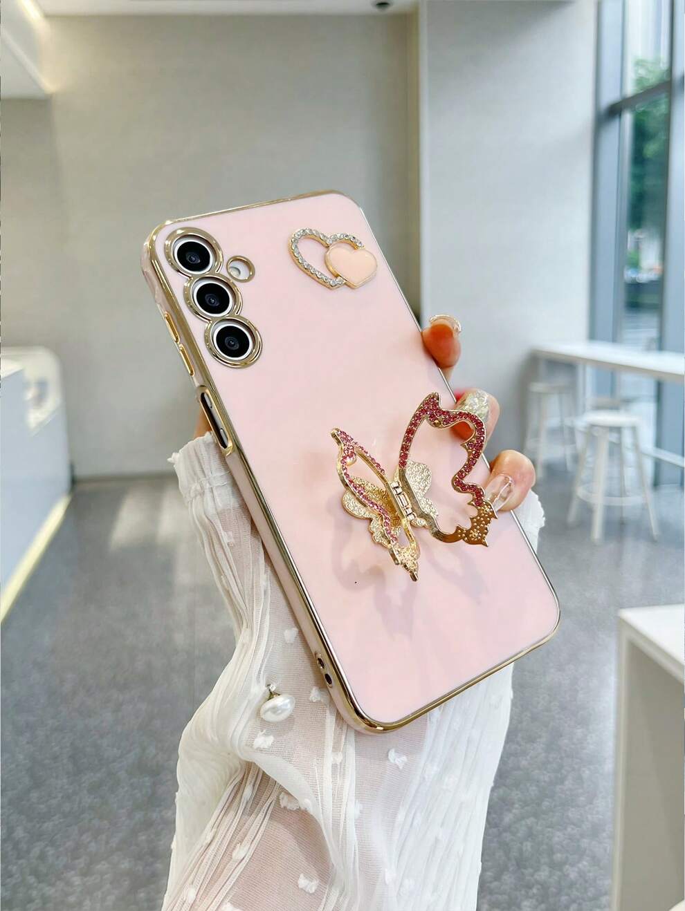 1pc Pink TPU Plating Shockproof Phone Case, 1pc Pink Butterfly Stand With Rhinestones And 1pc Pink Plated Heart With Rhinestones, Compatible With/Iphone Case/Matching Phone Cases/Phone Case With Hangi