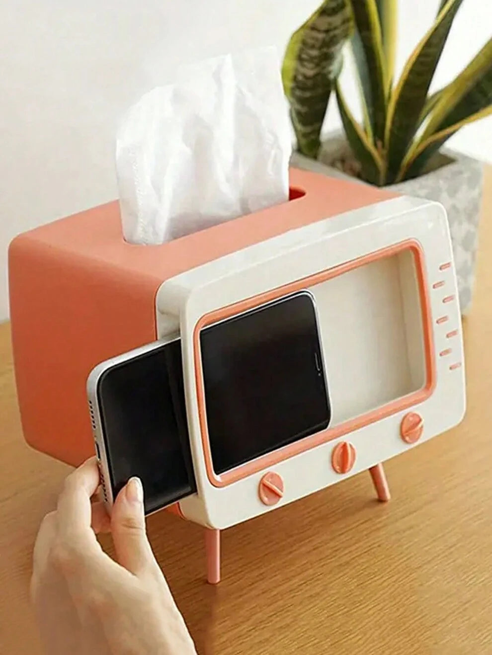 1pc TV Shaped Tissue Storage Box, Creative Multifunctional Tissue Phone Holder, Plastic Desktop Tissue Dispenser, Home Decoration