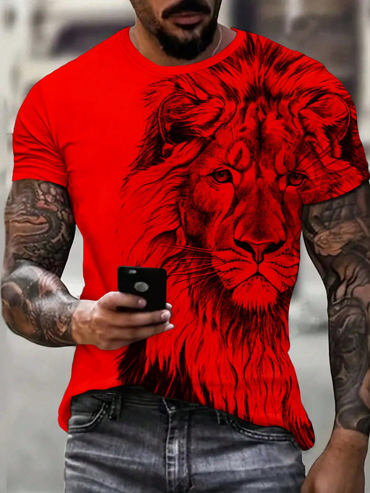 Manfinity LEGND Men's Summer Lion Printed Round Neck Short Sleeve Casual T-Shirt