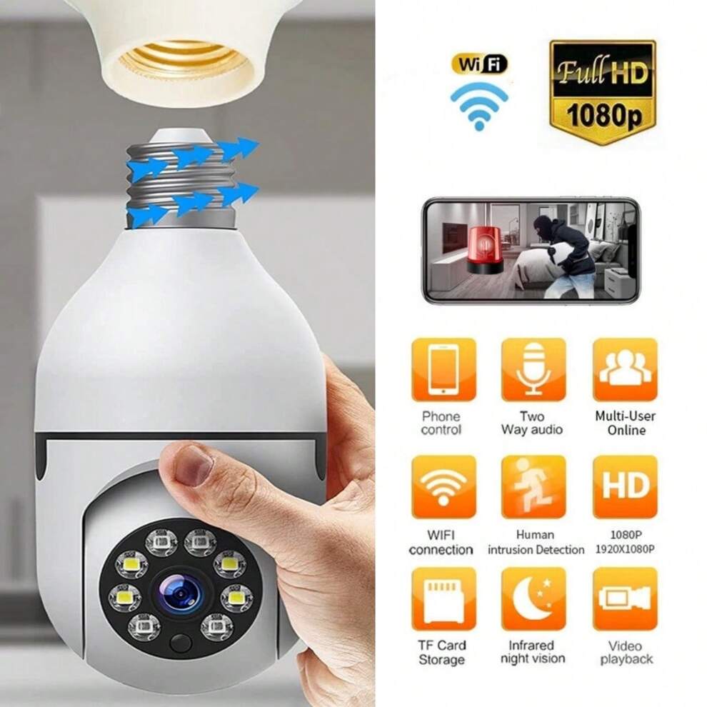 1pc 1080P 2.4G WIFI E27 ABS Bulb Surveillance Camera Fashion White Indoor 360° Panoramic Night Vision Full Color Automatic Human Body Tracking 4x Digital Zoom Monitor For Home Security