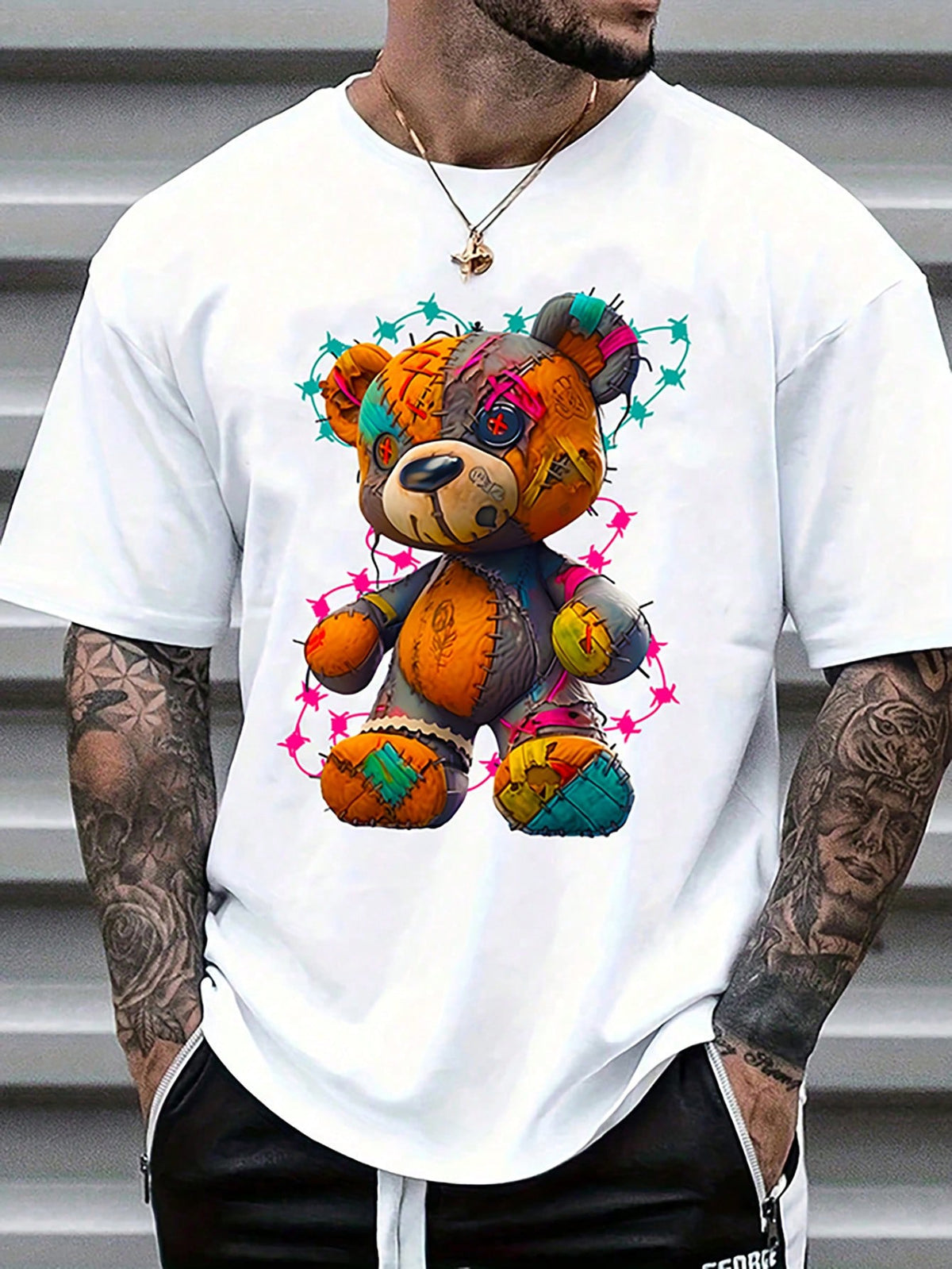 Men's Summer Cartoon Bear Printed Round Neck Short Sleeve Casual T-Shirt