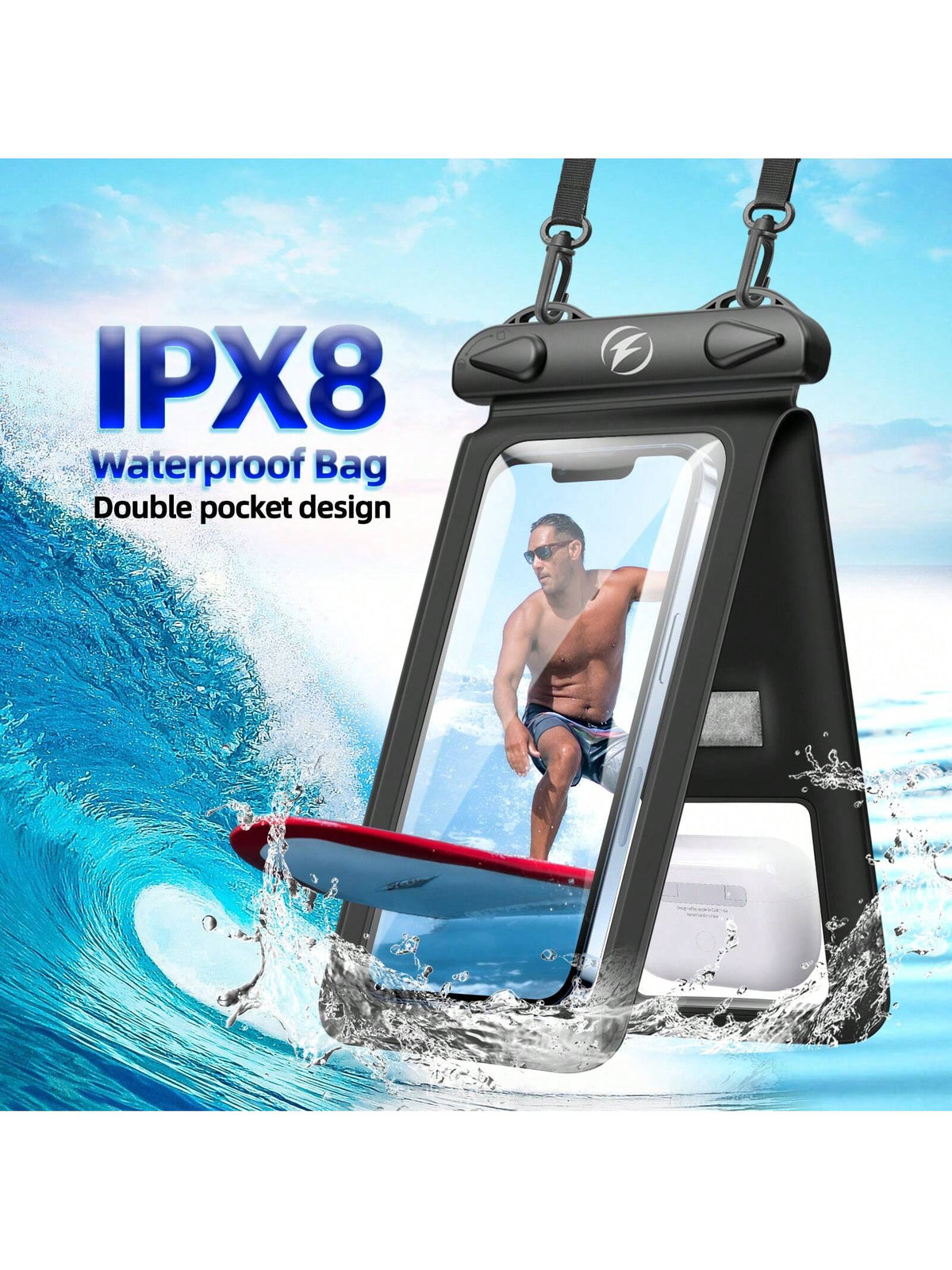 Double Pocket Case Waterproof Underwater PVC Package Pouch Diving Bags Compatible With Iphone Outdoor Mobile Phone Compatible With Samsung Xiaomi Huawei Clear Cellphone Case Touchscreen Dry Bag With N