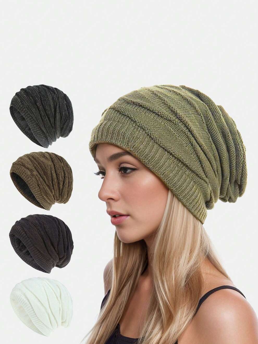 1pc Ladies' Green Slouchy Beanie With Thick Fleece Lining, Soft & Skin-Friendly For Winter Daily Wear & Outdoor Activities, Warm & Ear Protection Casual