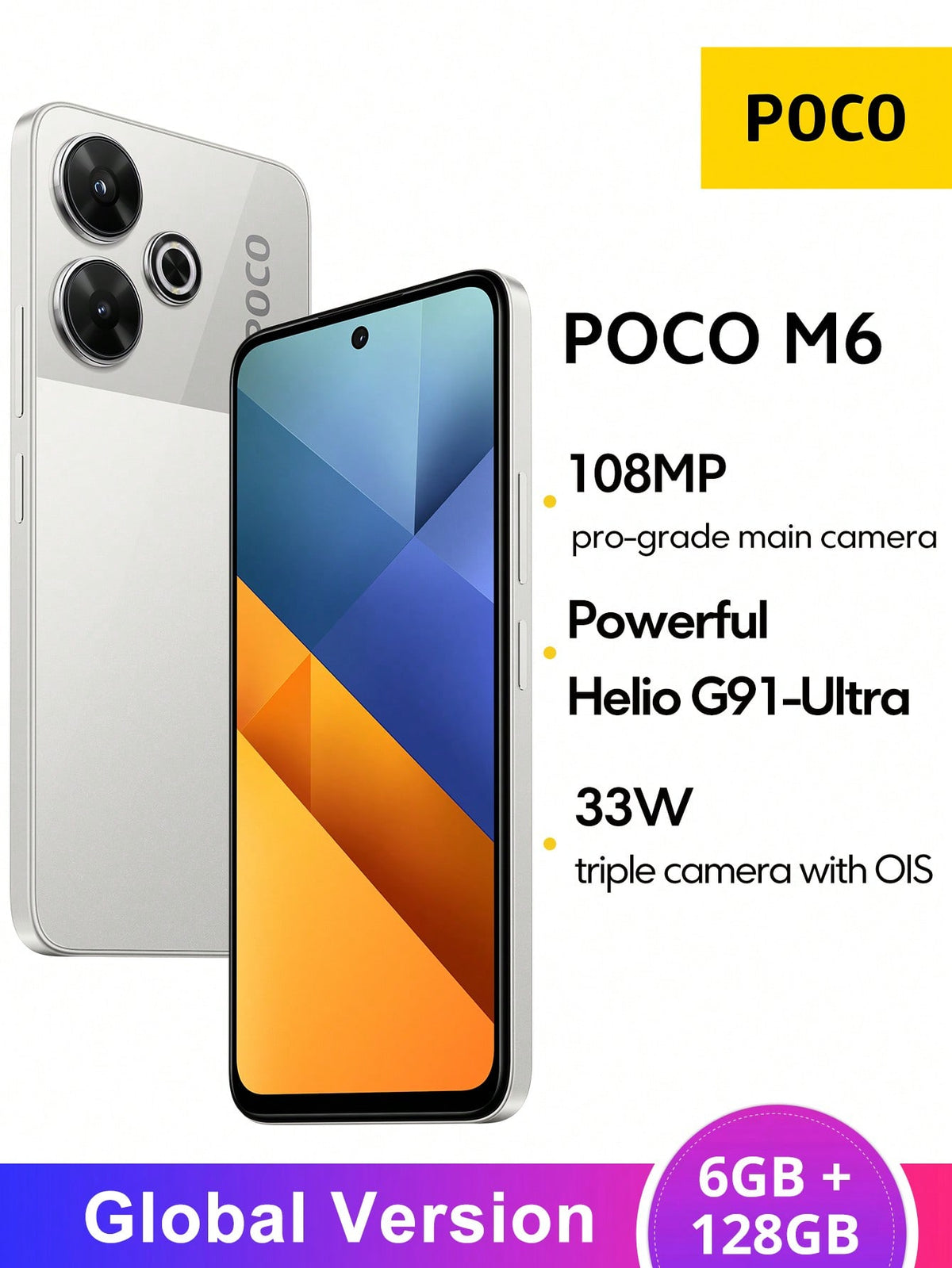 xiaomi POCO M6 Global Version 6GB+128GB Smartphone 108MP Pro-Grade Main Camera 6.79" 90Hz FHD+ Display Powerful Helio G91-Ultra Processor Supports 33W Fast Charging Massive 5030mAh (Typ) Battery