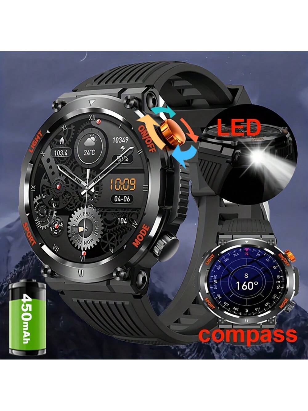 Smart Watch, Wireless Answering, Outdoor Sports Watch, LED Light, IP67 Waterproof, Compass, Heart Rate And Blood Pressure Measurement, Fitness Tracker, Pedometer, MMS Display, Suitable For Android, IP