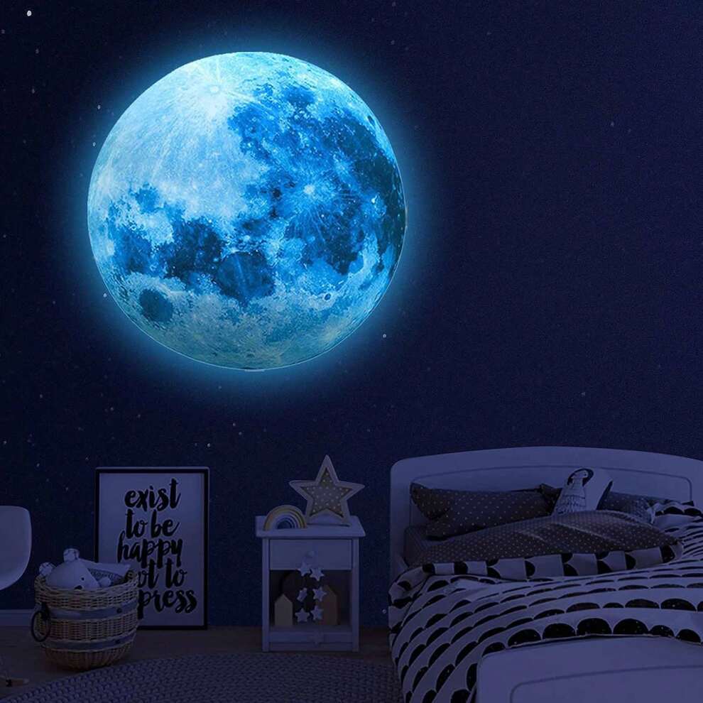 1pc Glow In The Dark Moon Stickers, Glow In The Dark For Ceiling Wall Decals, Glow In The Dark Space Planet Wall Stickers, Perfect For Nursery Bedroom Living Room (Sky Blue)