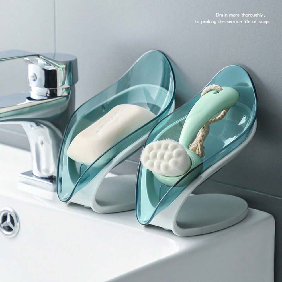 Creative Leaf Shaped Soap Box, Double Layer Bathroom Soap Dish Holder With Drain For Storage, Wall Mount Without Drilling, 1pc