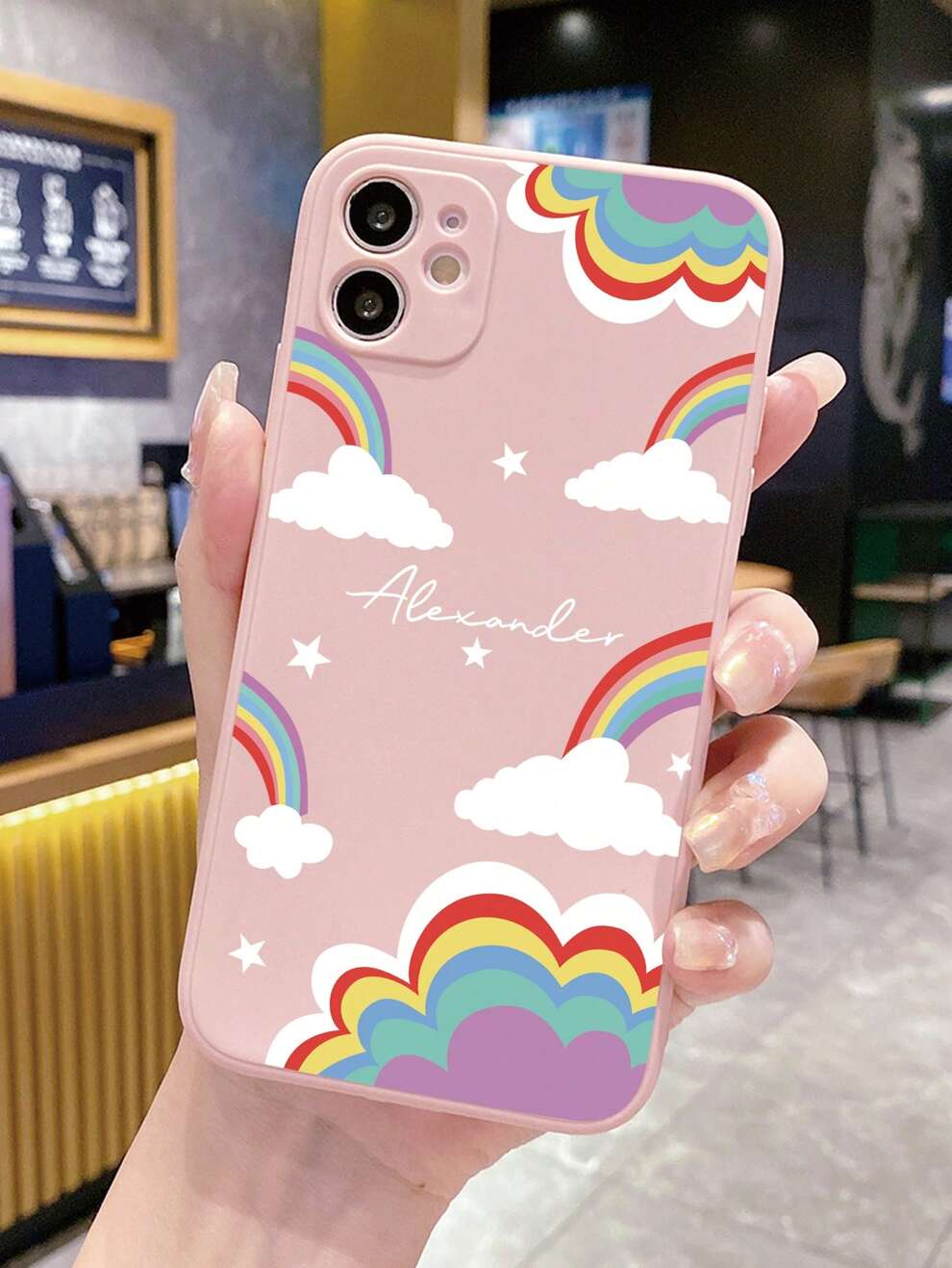 1pc White Cloud & Letter Rainbow Flower Pattern Pink Frosted Phone Case Compatible With Apple/Samsung/Xiaomi/Redmi/VIVO/OPPO