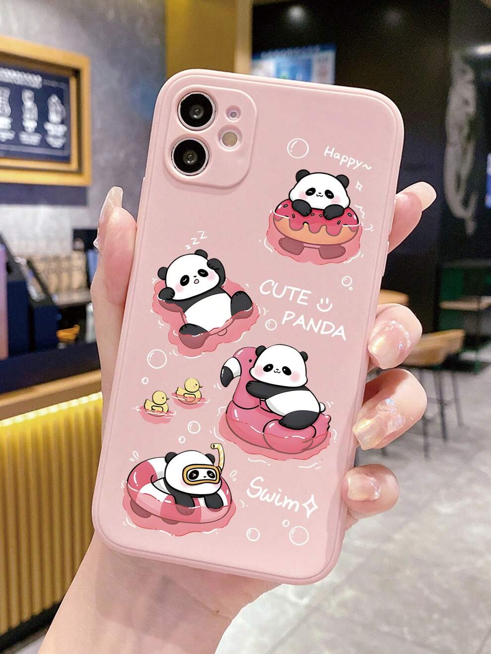 1pc Cute Pink Sandstone Mobile Phone Case With Four Swimming Panda, Letter & Duck Patterns, Compatible With Apple/Samsung/Xiaomi/Redmi/VIVO/OPPO