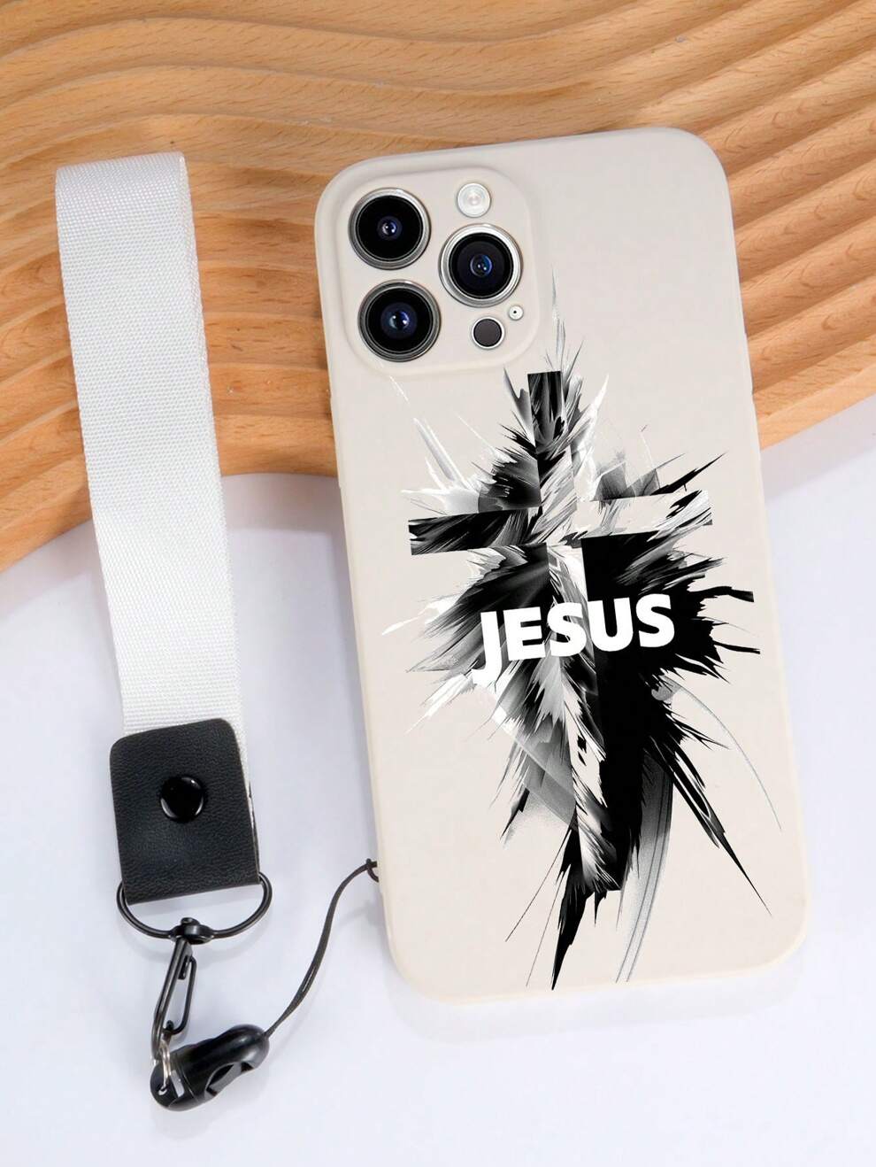 1pc White TPU Case With Jesus Black & White Cross Pattern And 1pc White Landyard, Compatible With IPhone Case / Matched Phone Case / Stand Phone Case / Funny Phone Case / Android Phone Case / Samsung