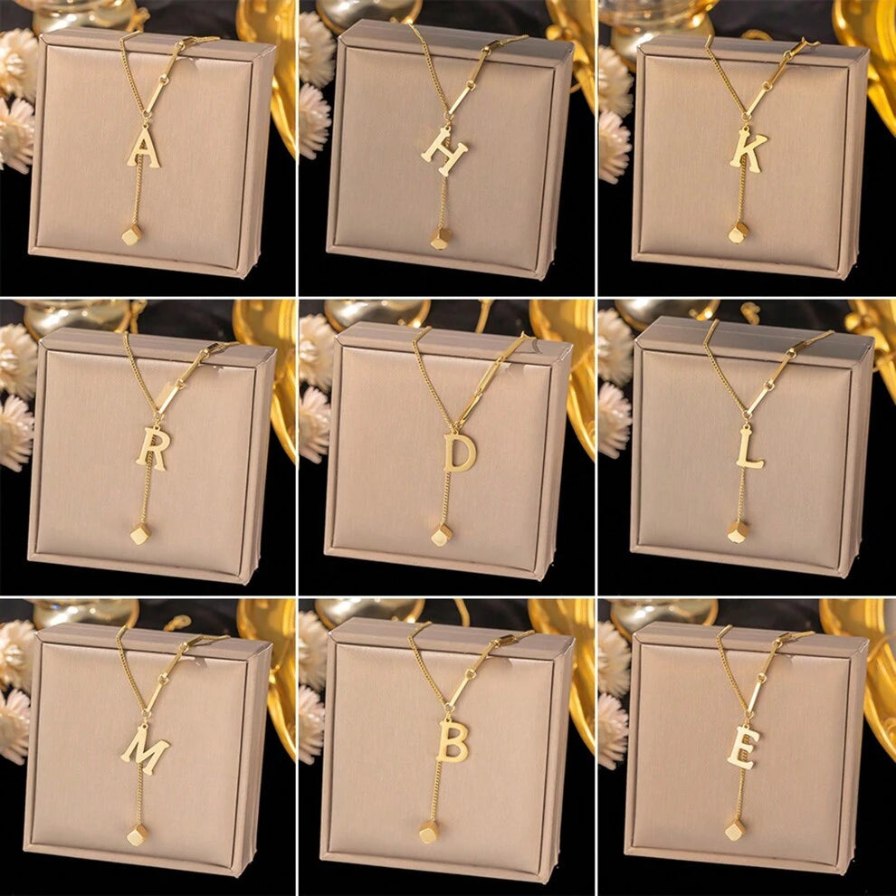 1pc Minimalist Design Stainless Steel Square Tassel Necklace With 26 Alphabet Pendant