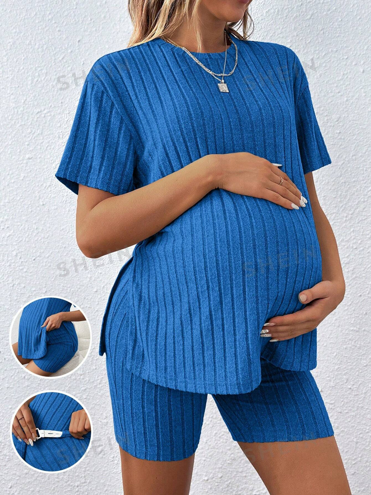 SHEIN Maternity Women's Loose Round Neck T-Shirt With Adjustable Elastic Waistband Shorts, Maternity Two-Piece Set, Pregnancy Clothes