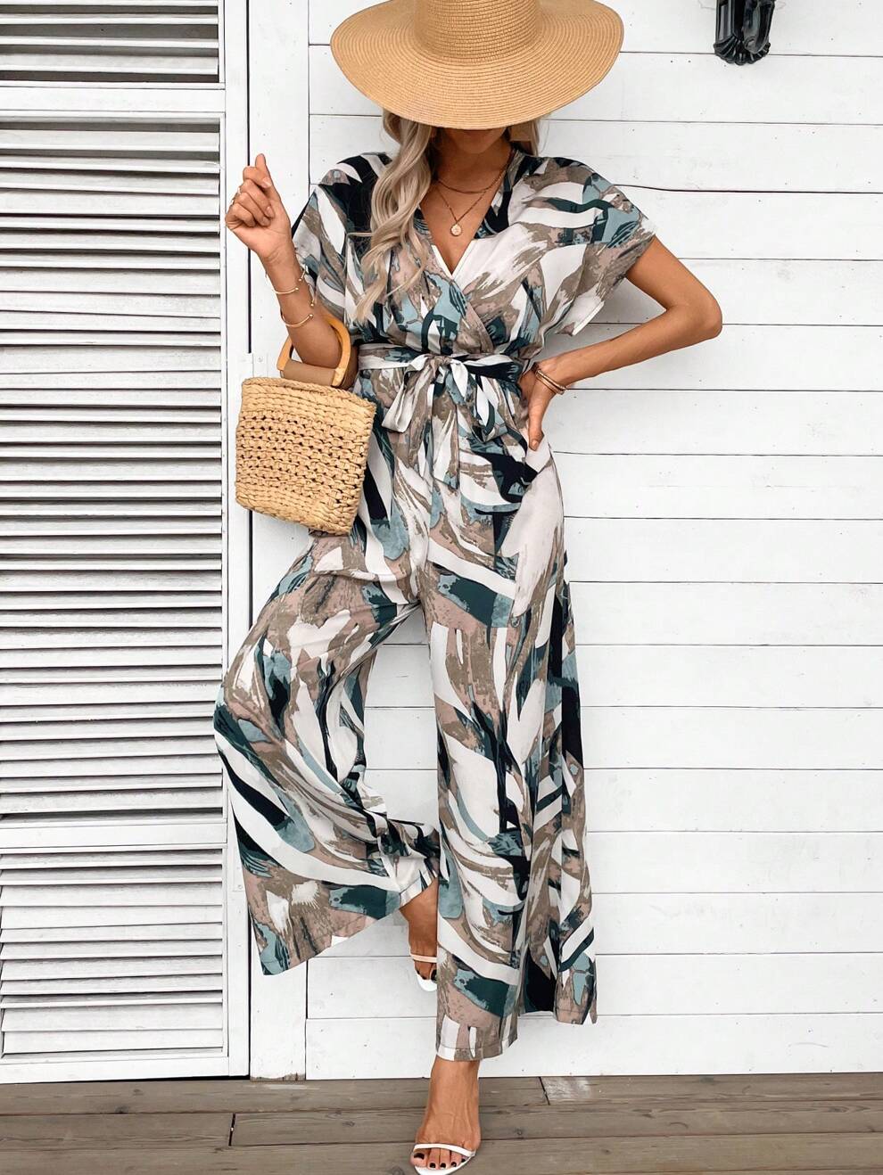 SHEIN LUNE Random Printed Batwing Sleeve Jumpsuit For Vacation And Leisure