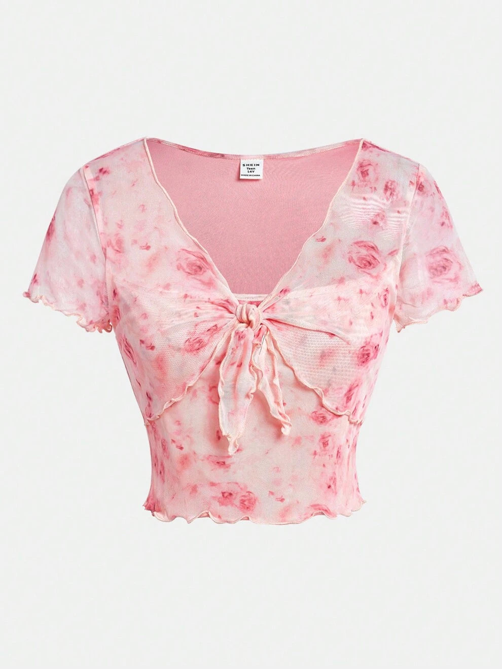 SHEIN Teen Girl Pink Mesh & Knitted Elegant Floral Print Front Tie Bow T-Shirt Top