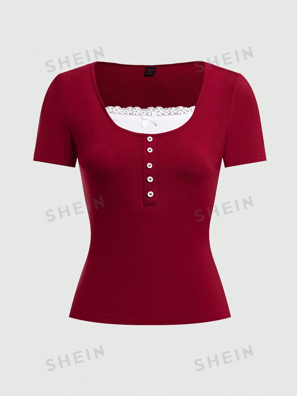 ROMWE Kawaii Valentine's Day 2-In-1 Lace Decorated Burgundy T-Shirt With Button Placket