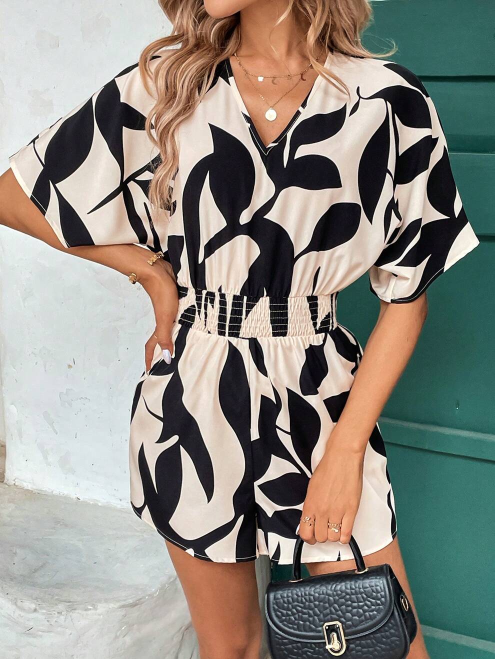 SHEIN Frenchy Spring/Summer V-Neck Elastic Waist Leaf Silhouette Printed Romper