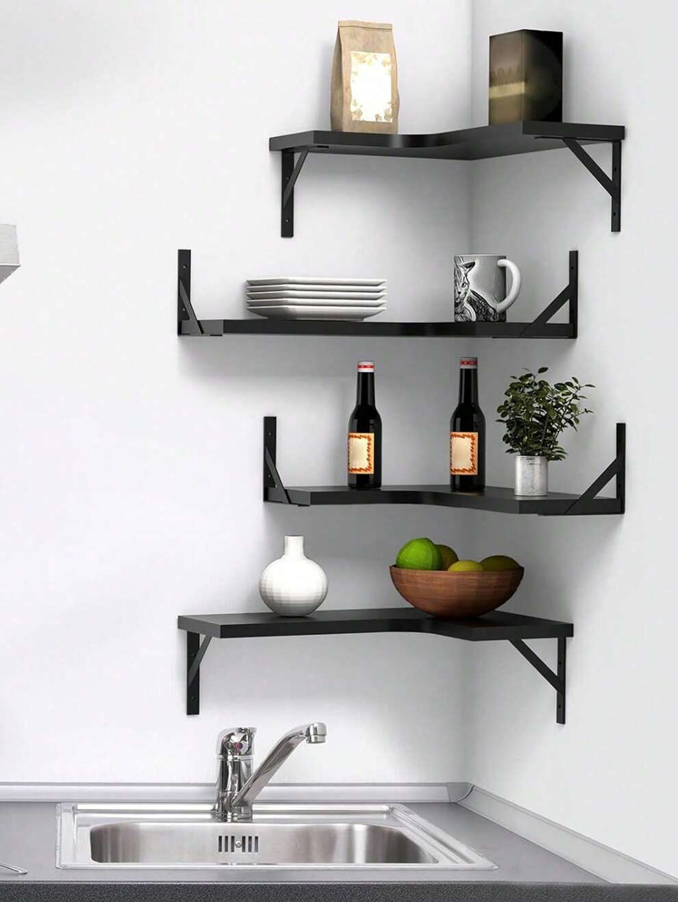 1pc Kitchen Corner Storage Rack Black Wall-Mounted Organizer Spice Jar Bowl Dish Plate Shelf Space-Saving Separator Hanger For Kitchen Countertop