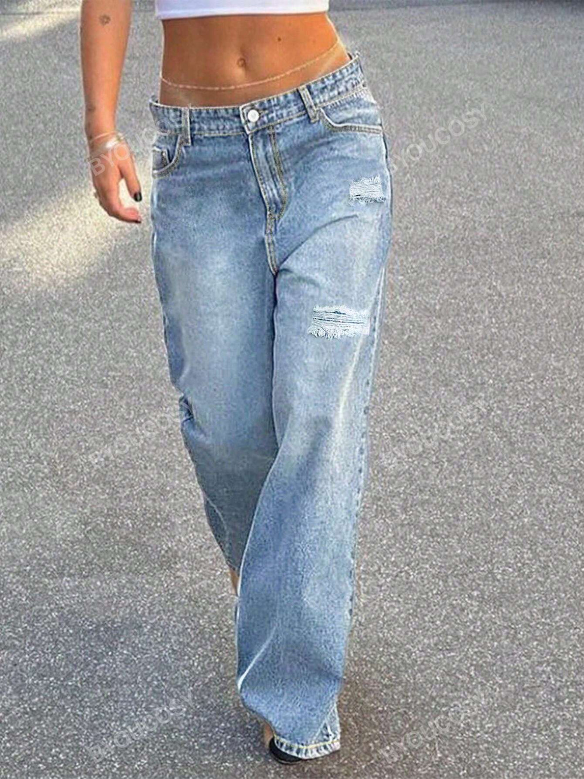 Sexy Low Waist Ripped Loose Straight-Leg Denim Long Pants