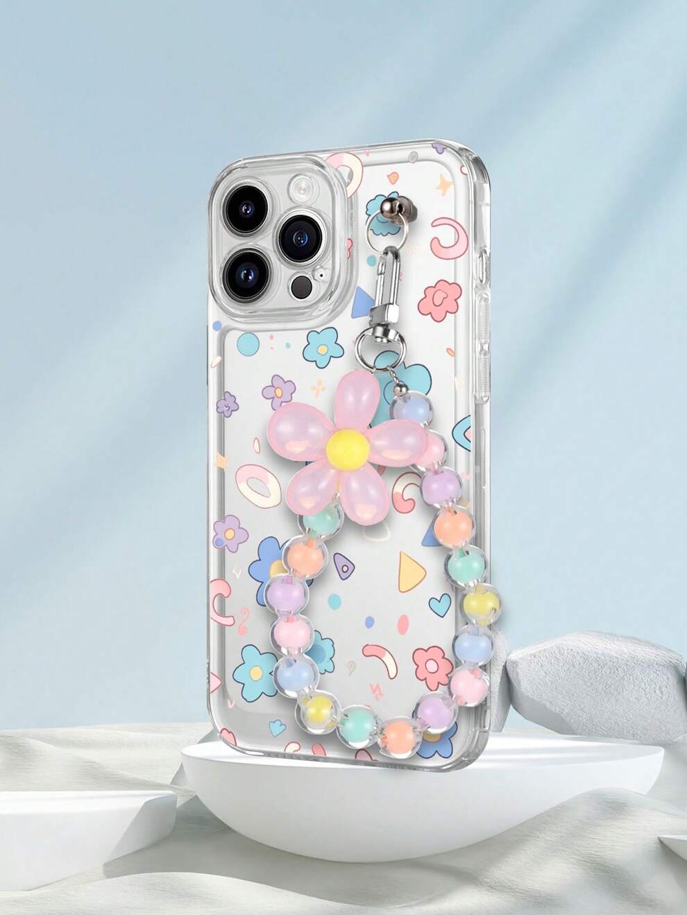 1pc Transparent TPU Colored Ditsy Floral Pattern And 1pc Pink Floral Colored Beaded Anti-Fall Phone Case Compatible With IPhone, Matching Phone Case, Phone Case With Stand, Cute Phone Case, Android Ph