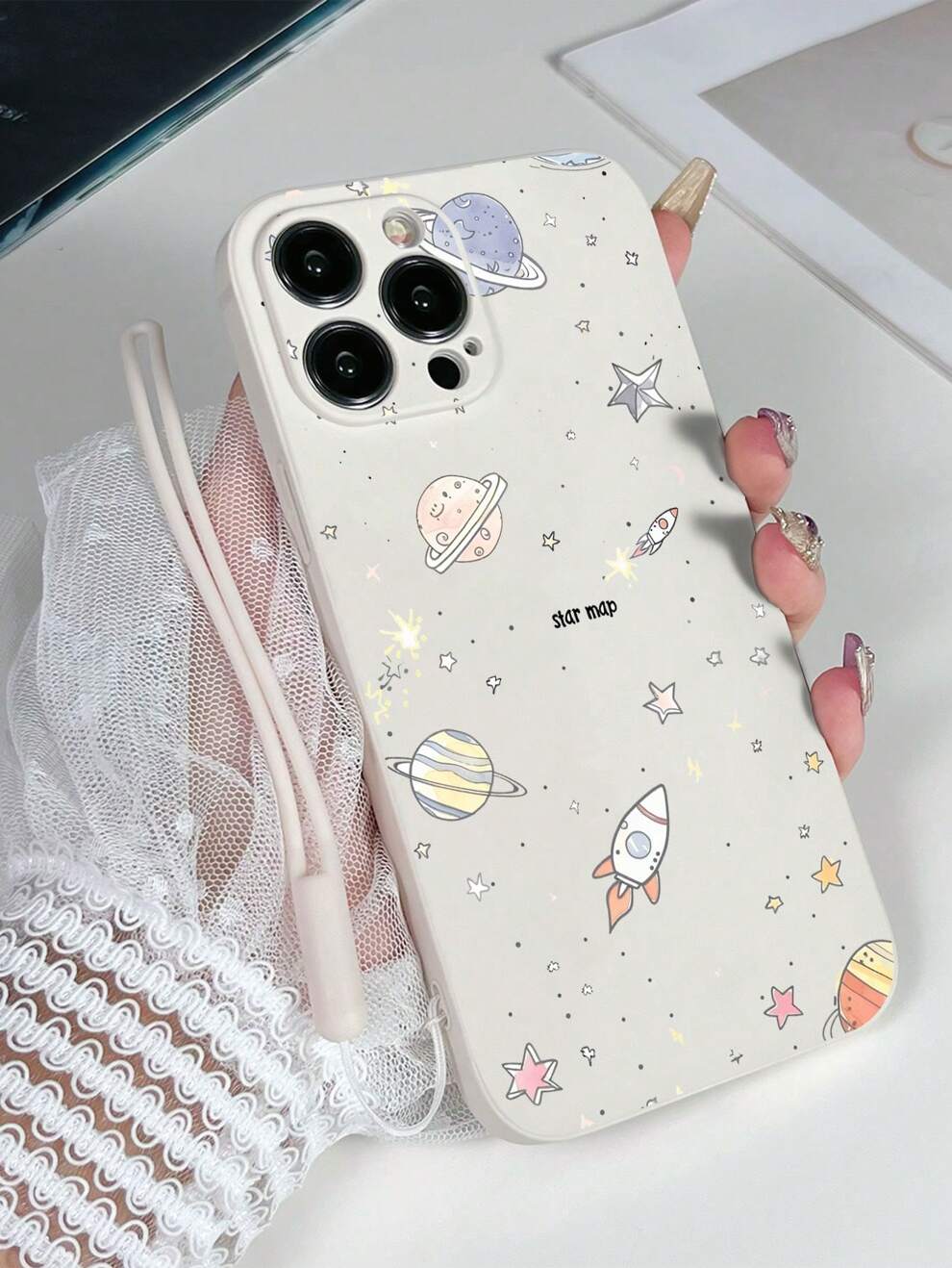 1pc White TPU Space Universe Elements Pattern Shockproof Phone Case And 1pc White Silicone Lanyard, Compatible With IPhone Case/Matching Case/ Stand Case/Interesting Case/Android Case/Samsung Case/Xia