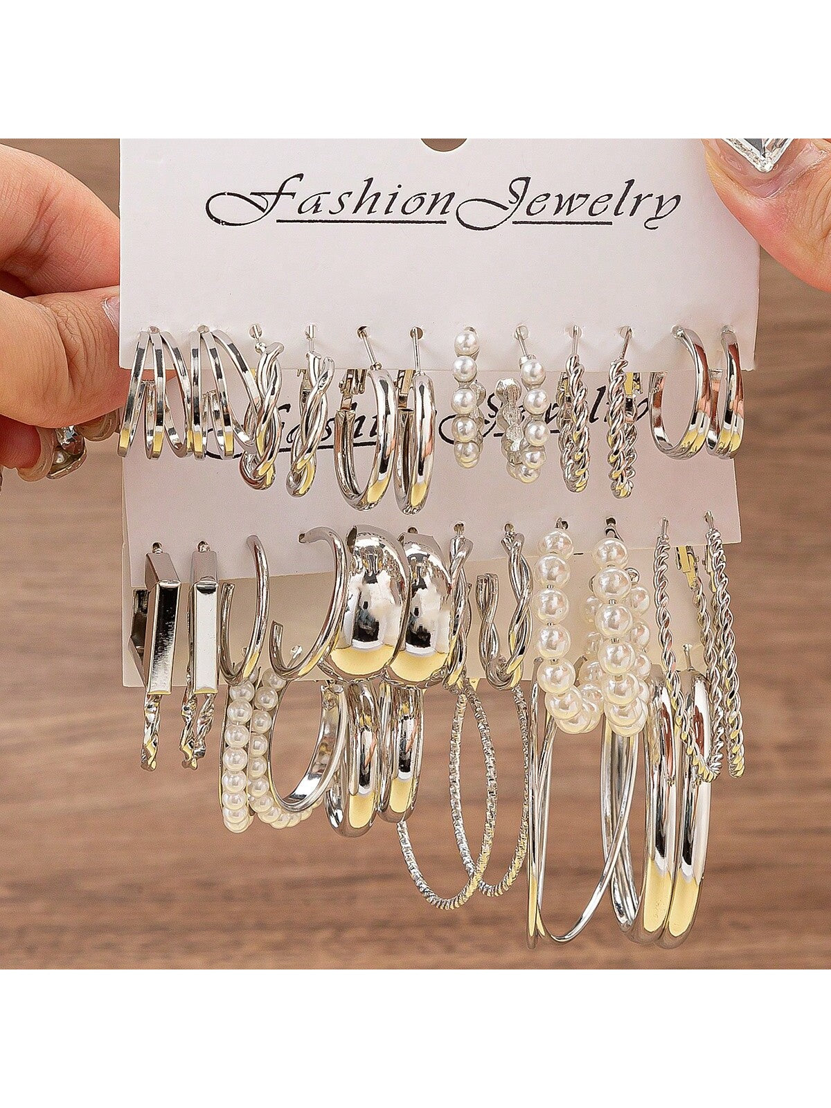 18pcs/Set New C Shape Pearl Encrusted Twisted Hoop Earrings