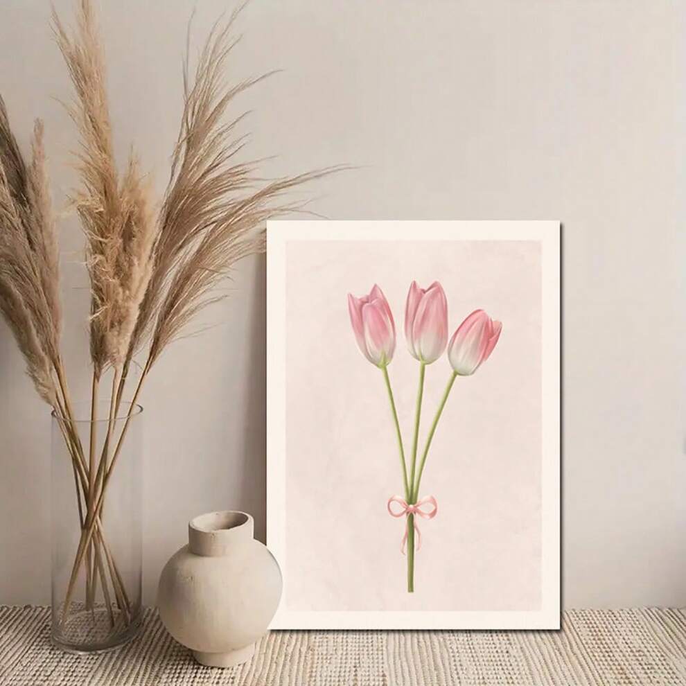 Set Of 1 Pink Coquette Tulip Art Canvas Poster Print,Ideal Gift For Trendy Pink Girly Y2k Cute Aesthetic Print,Modern Minimalist Living Room,Bedroom Wall Art Decor,No Frame