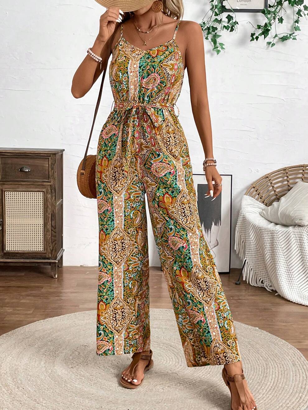 SHEIN LUNE Women's Vintage Printed Jumpsuit With Waist Belt, Perfect For Vacation