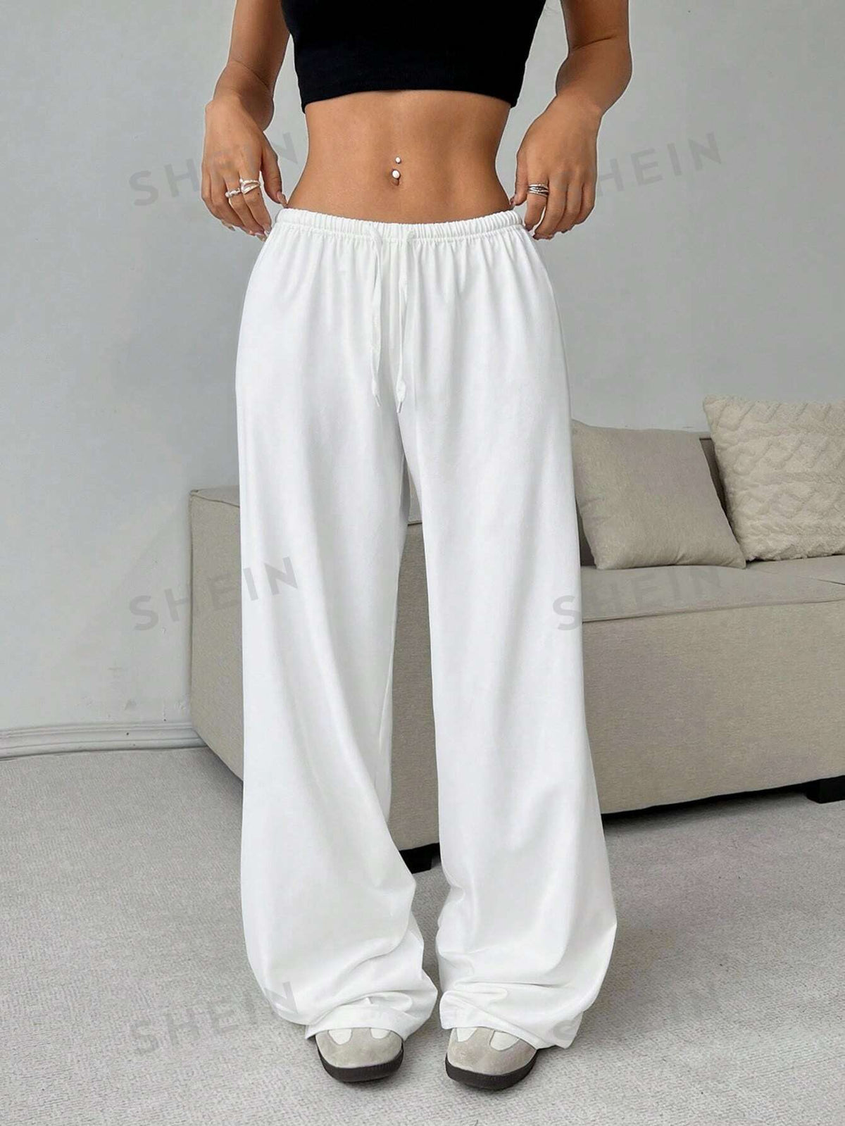 SHEIN EZwear Soft White Knitted Home Baggy Pants, Loose Pant