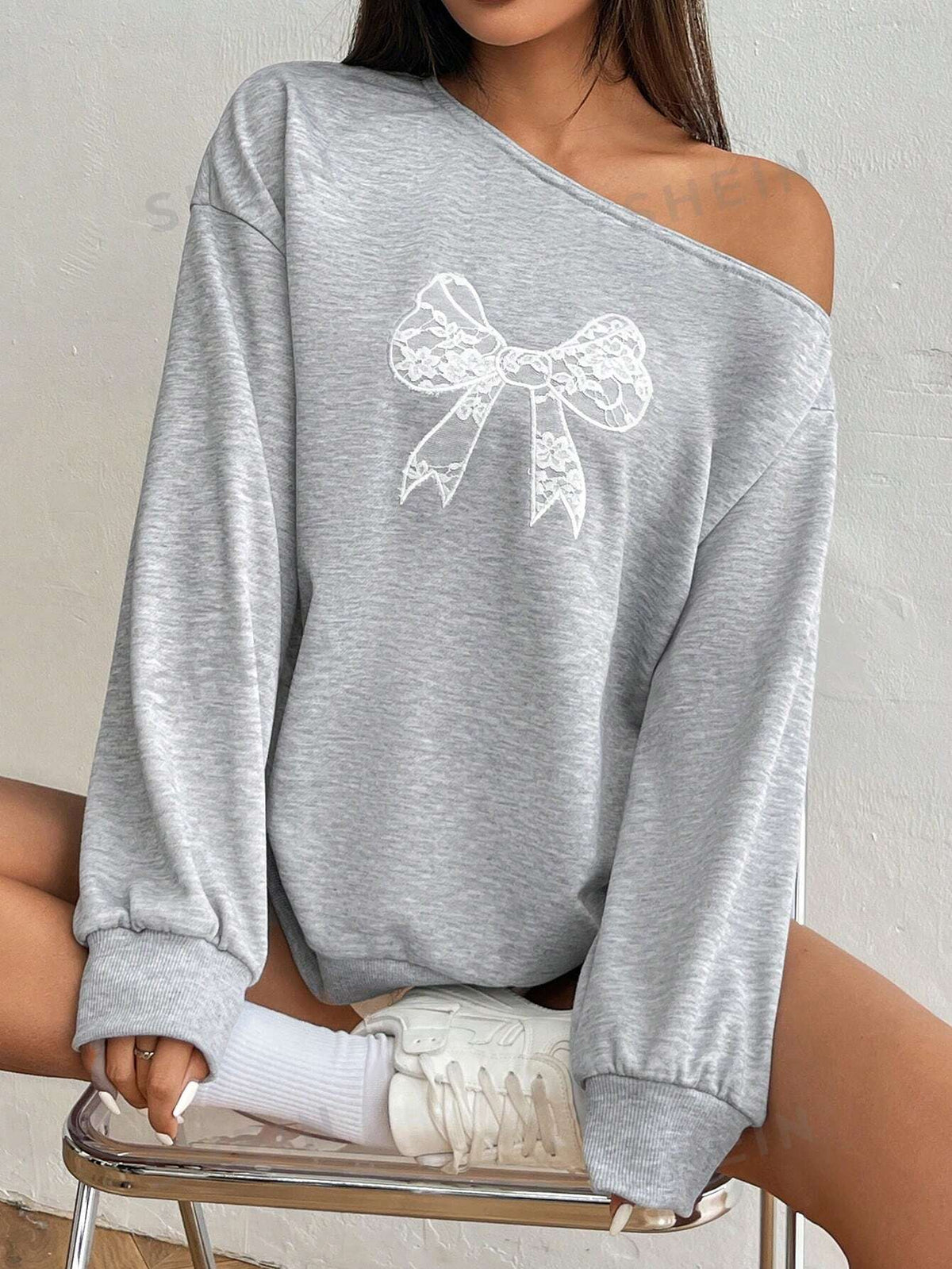 SHEIN EZwear Gray Lace Applique Embroidered Bowknot Asymmetrical Neck Sweatshirt