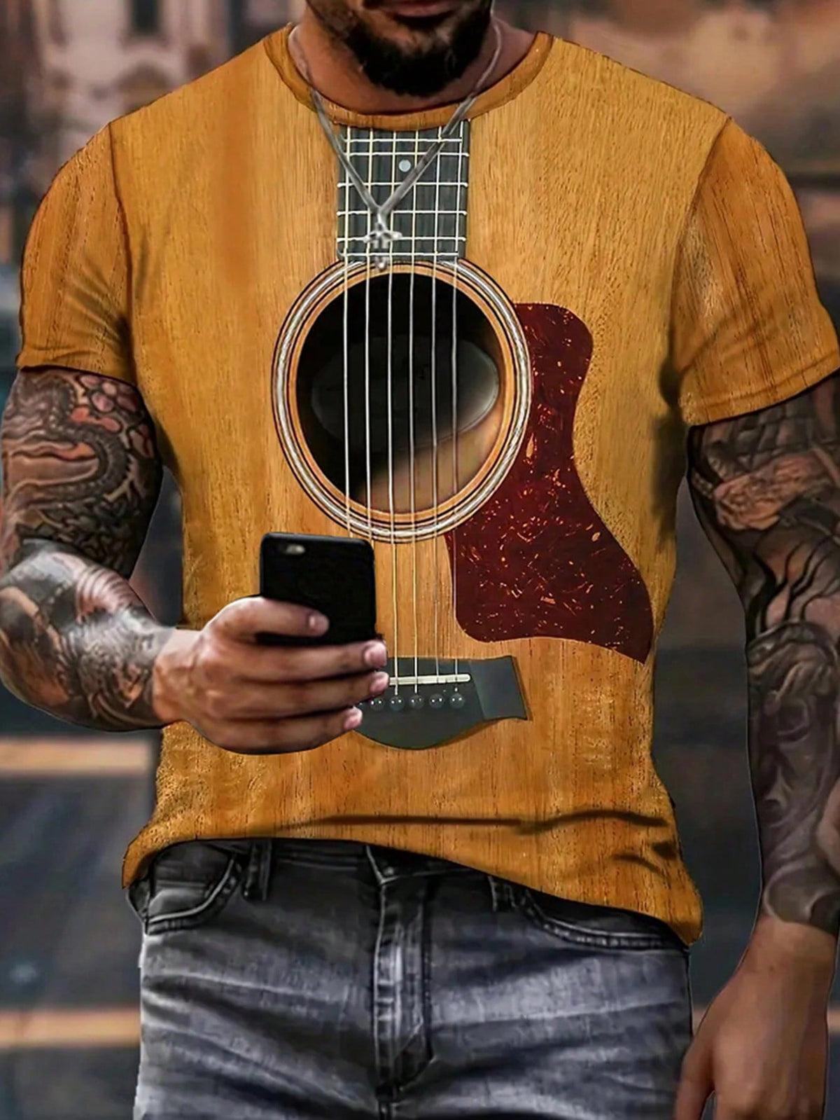 Men's Summer Guitar Printed Short Sleeve Casual T-Shirt