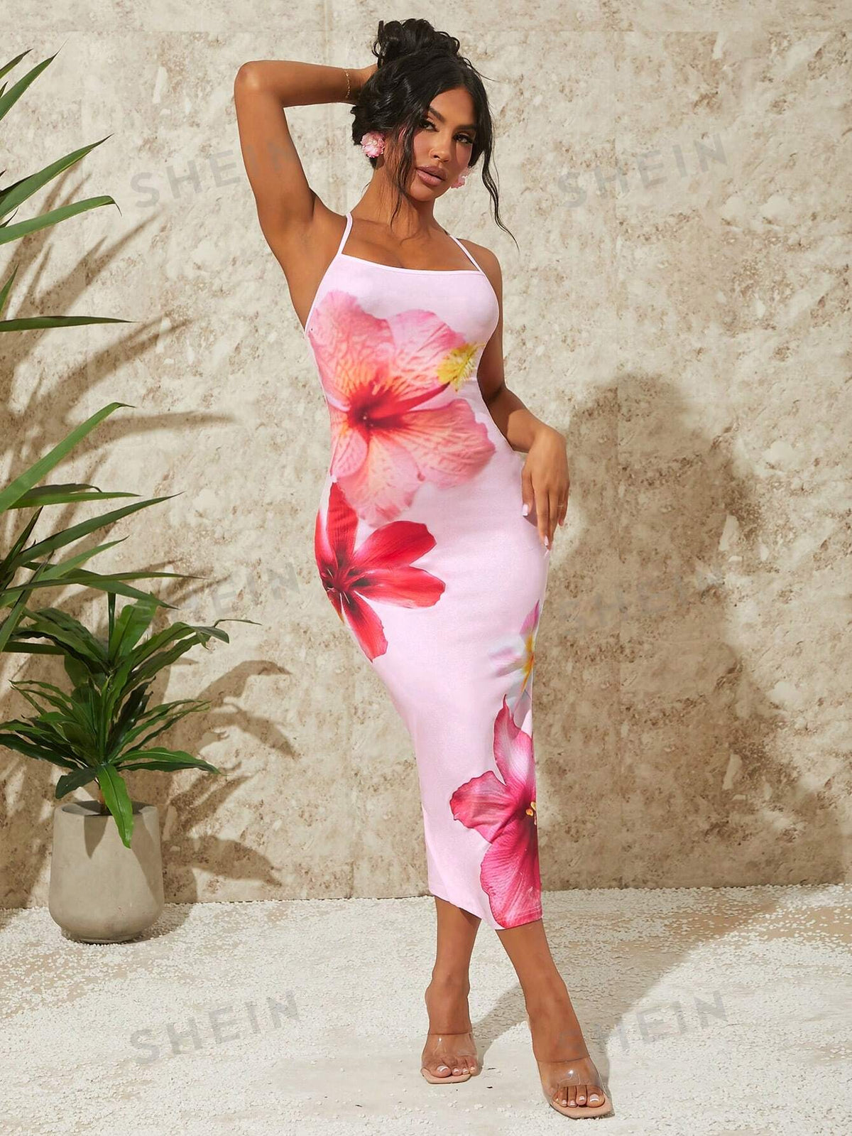 SHEIN SXY Summer Vacation Holiday Beach Rainforest Women's Tight-Fit Long Dress With Backless Floral Spaghetti Strap Design