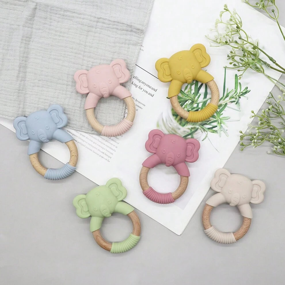 1pc Silicone And Wooden Teether, Elephant And Maple Wood Teething Bracelet Toy, Gift For Newborns