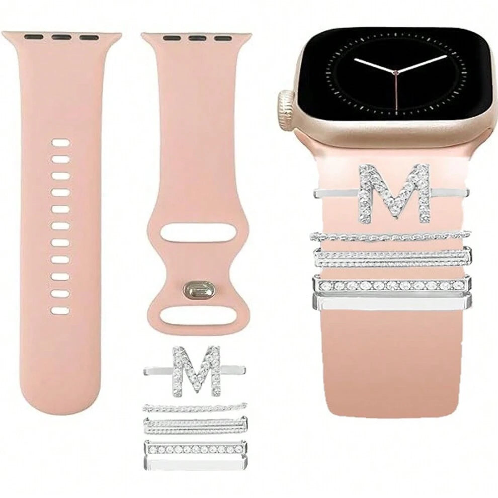 5pcs/Set New Fashion Letter M Shaped Alloy Rhinestone Smart Watchband Decor, Simple And Stylish Band Decor For 38/40/41/42/44/45/49mm, Compatible With Apple Watch Ultra/SE/8/7/6/5/4/3/2/1