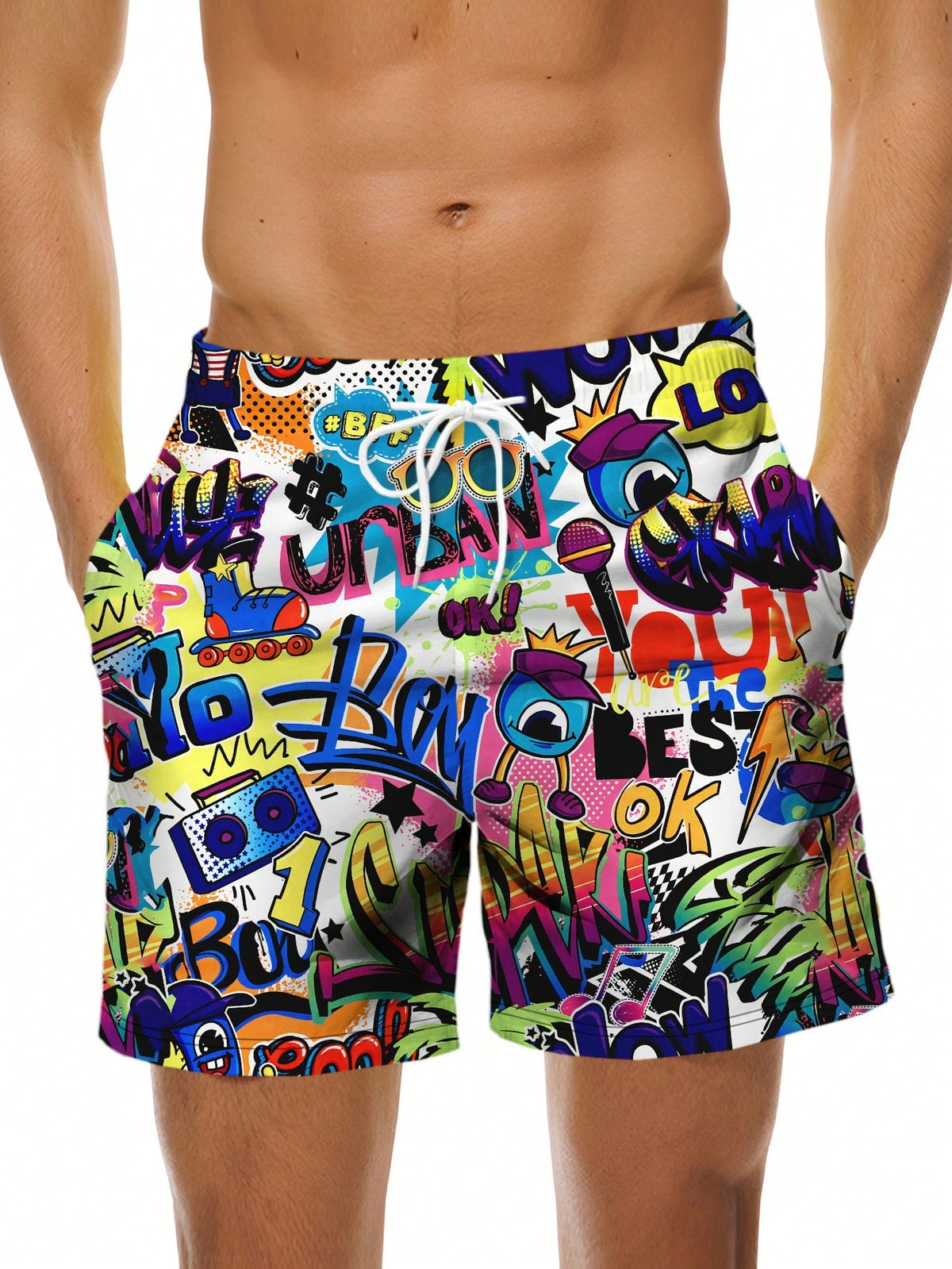 Manfinity Swimmode Men's Cartoon Printed Beach Shorts , Swim Trunks